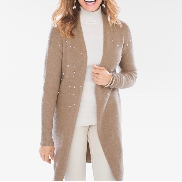 Chico’s Nude Beige Embellished Wool Blend Open Front Duster Long Cardigan - Picture 1 of 11